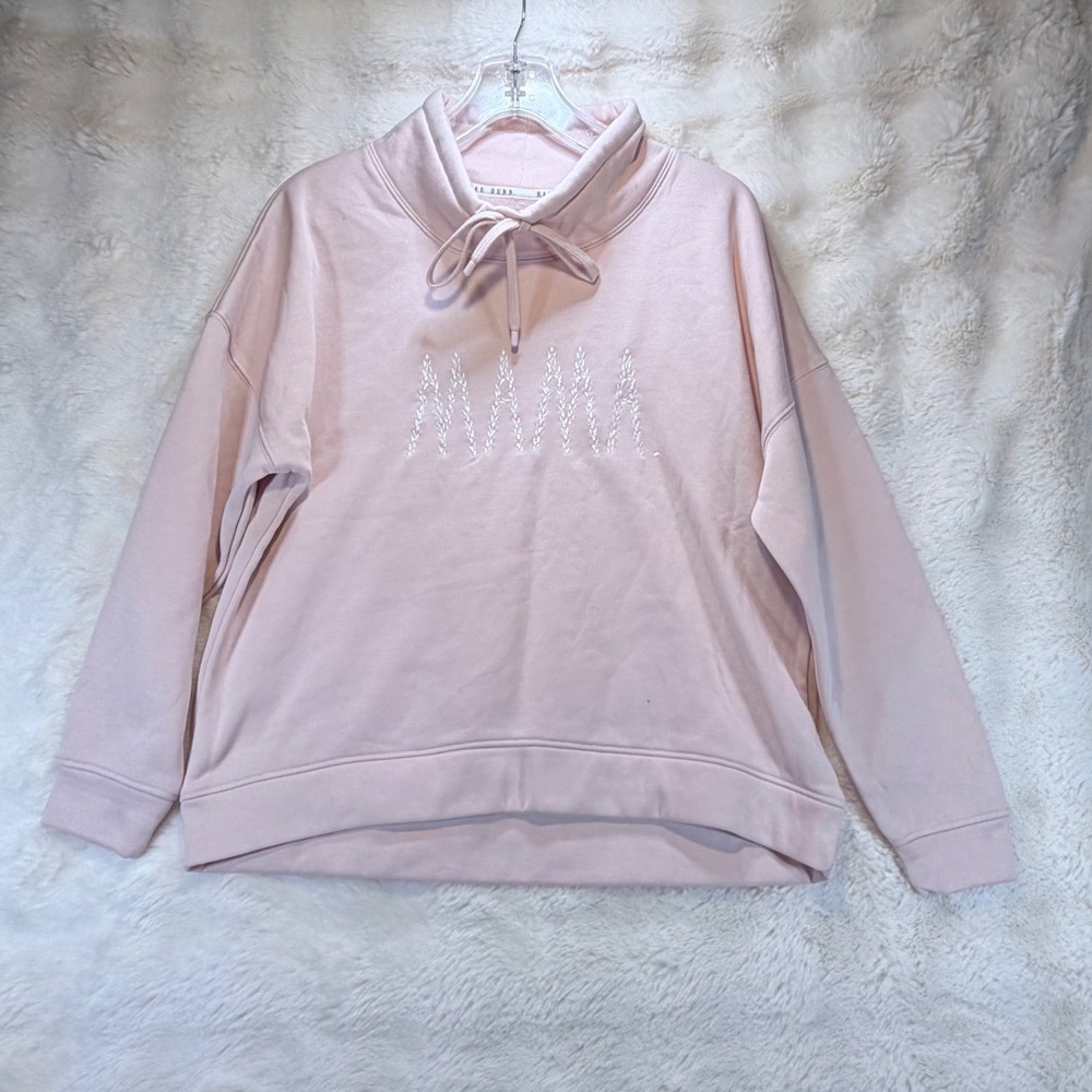 Rae Dunn Mama Pink Funnel Neck Sweatshirt Embroidered Pullover‎ Fleece Medium